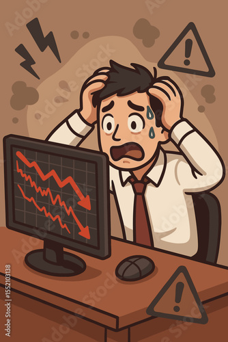 Stressed stock market investor panicking over crashing shares, financial crisis, economic downturn, risk anxiety, falling graph, loss, cartoon businessman stress reaction, vector illustration