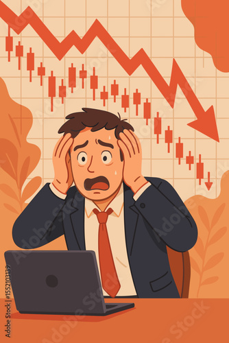 Stressed businessman watching falling stock market graph, financial crisis panic, economic downturn, investment loss, bear market concept, office illustration, risk, anxiety, despair