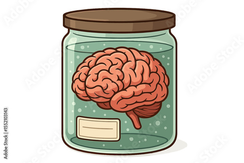 Human brain preserved in glass jar illustration. Medical science specimen. Anatomy organ in formaldehyde. Laboratory research concept. Vector cartoon biology experiment. No text label.