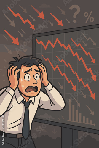 Stressed businessman panic stock market crash concept. Worried entrepreneur financial crisis cartoon. Downward graph arrows economic recession bankruptcy loss debt anxiety stress illustration.