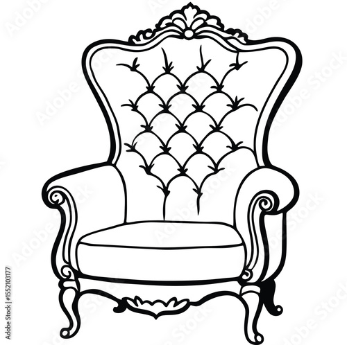 Elegant tufted wingback armchair drawing a classic furniture piece with ornate details and a high back for luxurious seating
