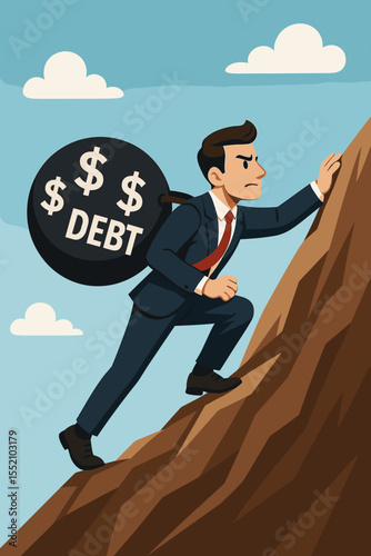 Businessman Climbing Mountain Carrying Heavy Debt Burden Vector. Financial Stress, Overcoming Money Challenges, Struggle, Success, Persistence, Determination, Economy Crisis Metaphor Illustration
