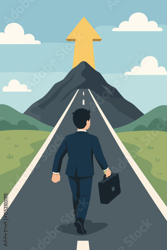 Businessman Walking Forward on Road to Success, Career Goals and Ambition, Mountain Peak Achievement, Leadership Vision and Motivation, Mission Driven Progress Vector Illustration