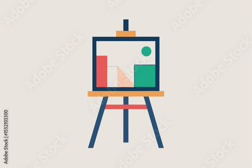 Illustration of an easel with geometric shapes and colorful elements representing a creative workspace for artists and designers