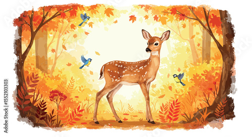 Autumn forest with deer and birds - wildlife illustration for nature-themed designs vector illustration