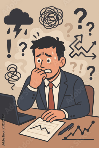 Overwhelmed businessman at desk surrounded by question marks, chaotic scribbles, storm cloud, declining chart, stress, anxiety, workplace uncertainty, business crisis, mental health, confusion vector