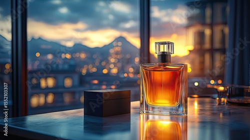 Amber perfume bottle on a table with a city view.