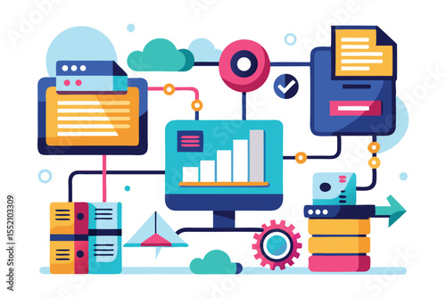 Automated data transfer concept illustrating network connections and data flow with colorful graphics in a digital workspace environment