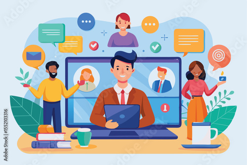 Virtual business conference showcasing online meeting concepts with participants engaged in a collaborative environment