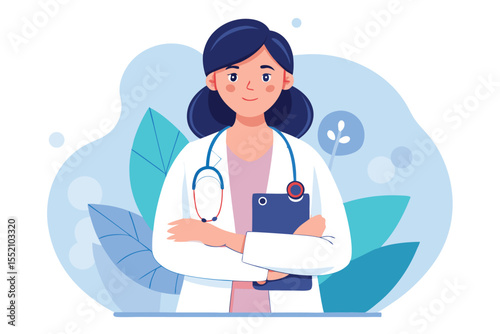Young woman doctor in white coat with stethoscope stands confidently in a medical setting surrounded by calming greenery and soft blue background