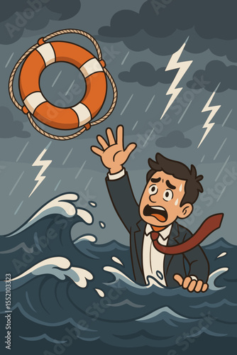 Businessman in Crisis Struggling in Stormy Sea Reaching for Lifebuoy. Business Challenge Metaphor. Risk, Survival, Rescue, Stress, Overcoming Difficulties. Vector Cartoon Illustration