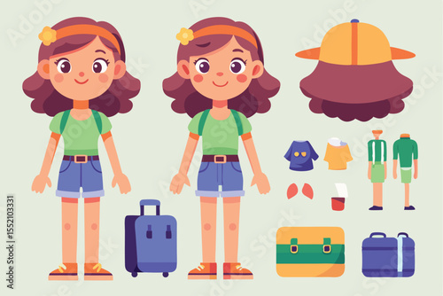 Girl in summer clothing holding luggage at an outdoor location during daylight, ready for a travel adventure with cheerful expressions and a fun hat