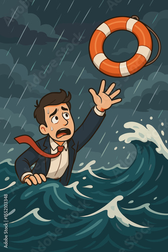 Businessman struggling in stormy sea reaching for lifebuoy, concept of crisis management, business rescue, overcoming adversity, financial challenges, risk and survival, vector illustration
