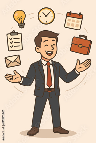 Businessman Multitasking Office Tasks Juggling Time Management Productivity Concept, Cartoon Vector Illustration, Project Planning, Organization, Workflow, Deadline, Creative Business Solution