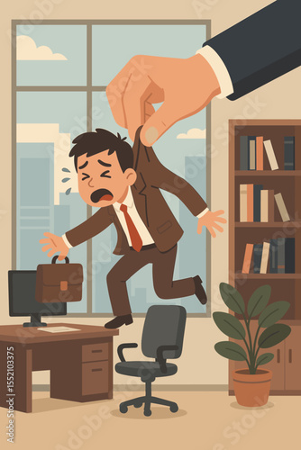 Upset office worker being removed by giant hand from workplace. Job loss concept. Layoff, unemployment, dismissal, corporate downsizing. Businessman in suit with briefcase. Vector cartoon illustration