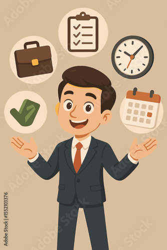 Cartoon businessman juggling tasks icons. Time management, productivity, multitasking concept. Calendar, clock, checklist, briefcase, success. Office efficiency, organization, planning vector.