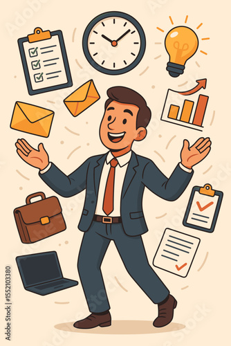 Businessman juggling tasks efficiently, time management and productivity concept with briefcase, laptop, clock, checklist, email, growth chart, idea bulb, cartoon vector illustration