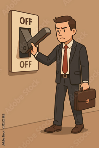 Businessman Turning Off Giant Switch Cartoon. Metaphor for Business Shutdown, Energy Saving, Bankruptcy, Closure, End of Workday, Corporate Exit. Office Employee, End, Stop, Power Off Vector
