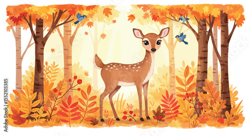 Enchanting autumn woodland with deer and bluebirds illustration for nature-themed designs vector illustration