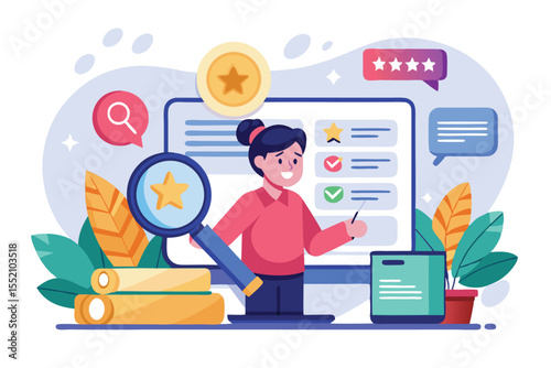 Performance employee review illustration featuring a character analyzing feedback with visual aids in a modern office setting