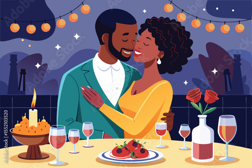 Happy African American couple sharing an affectionate moment during a romantic dinner at twilight with beautiful decorations