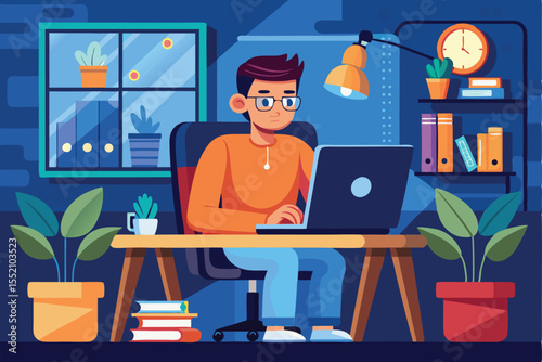 Engineer IT specialist programming at home during evening hours in a modern workspace with plants and a cozy atmosphere