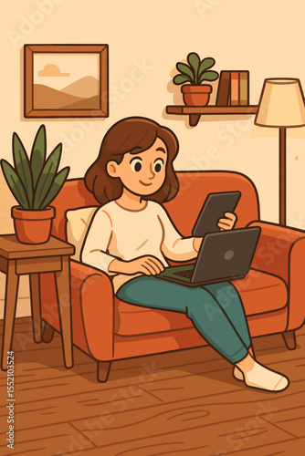 Cozy home interior illustration. Woman sitting on sofa multitasking with laptop and tablet. Modern living room with plants, books, framed art, lamp. Remote work, relaxation, comfortable lifestyle.