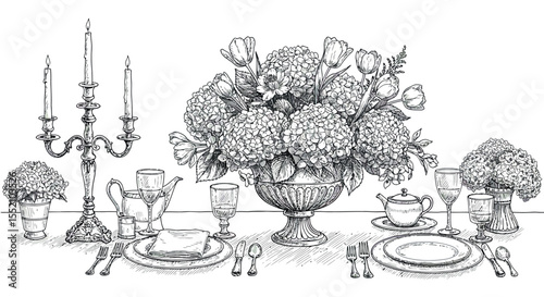 Elegant floral table setting with hydrangeas and tulips for special occasions vector illustration