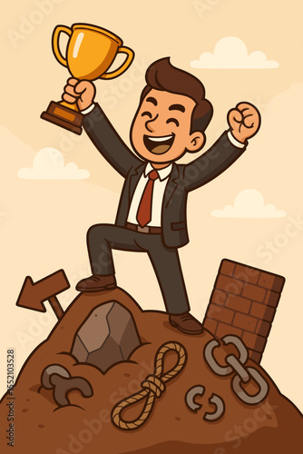 Businessman celebrating success holding trophy on top of mountain, overcoming obstacles and breaking barriers, winner achievement concept, victory cartoon vector, leadership goal motivation