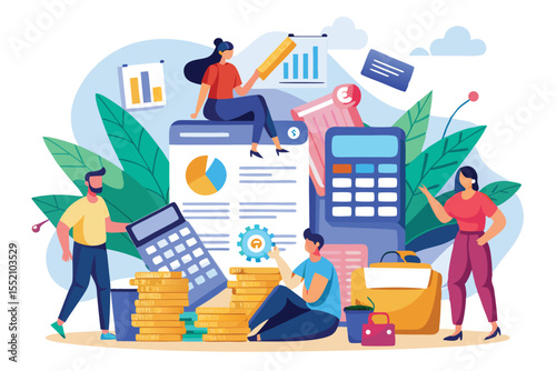 People engaged in budget bookkeeping with financial documents, graphics, and tools in a creative workspace setting during daytime