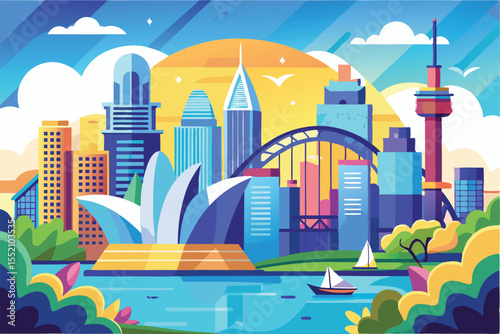 Sydney city landmarks illustration featuring the Opera House, Harbour Bridge, and skyline in a vibrant artistic style during sunset
