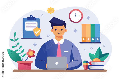 Employee probation vector illustration showing a professional working at a desk with a laptop, surrounded by plants, books, and clock, representing productivity and assessment in the workplace