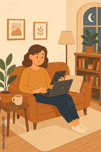 Woman relaxing on sofa working remotely at night, using laptop and tablet in cozy living room with houseplants, bookshelf, lamp, coffee mug, warm light. Home office remote work vector illustration