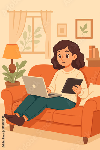 Woman Working Remotely on Laptop and Tablet Relaxing on Orange Sofa in Cozy Living Room Interior. Home Office Freelance Concept. Modern Comfort, Digital Devices, Plants, Window, Vector Illustration