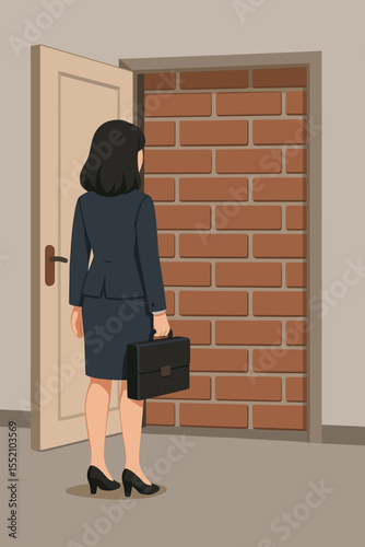 Businesswoman Facing Brick Wall Blocked Doorway, Metaphor for Career Challenges, Barriers, Obstacles, Corporate Failure, Unattainable Goals, Professional Frustration, Workplace Blockage