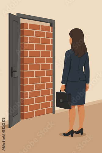 Businesswoman Facing Brick Wall Blocking Open Doorway, Career Challenge, Barrier, Obstacles, Failure, Stuck Concept, Roadblock, Problem Solving, Corporate Difficulties, Vector Illustration