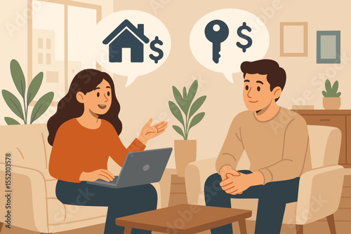 Couple Discussing Home Buying and Rental Costs, Real Estate Financial Planning, Apartment Interior, Mortgage and Rent Decision, Key and House Dollar Icon, Modern Vector Illustration Concept
