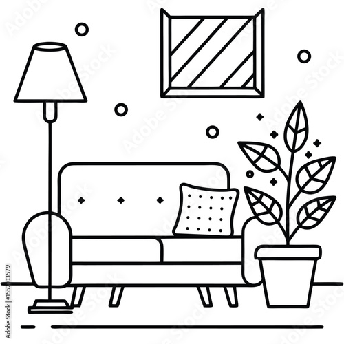 Cozy living room scene with sofa floor lamp potted plant and wall art in a simple line drawing style