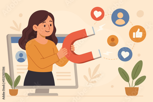 Digital marketing concept with woman using magnet to attract social media followers, customer engagement, lead generation, influencer strategy, online business growth cartoon vector illustration
