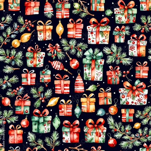 Festive watercolor Christmas pattern with gifts and decorations, holiday spirit