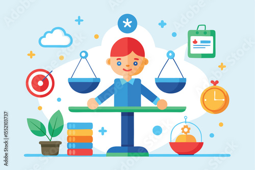 Working setup vector illustration featuring a balanced environment with a character managing tasks in a harmonious workspace to enhance productivity and well-being