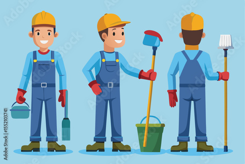 Janitor worker demonstrating various cleaning tools while wearing a uniform in a light blue background setting