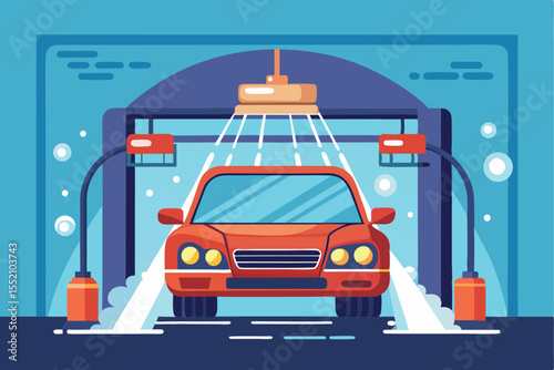 Vector illustration depicts a red car getting a wash in an automatic car wash located in a garage, featuring water sprays and cleaning equipment