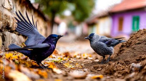 Conflict of two dark birds on a dirt path in a rural village, with one bird in mid-action, extending its wings