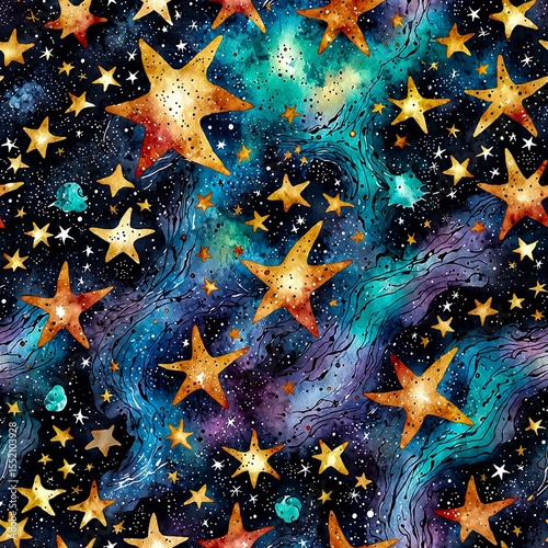 Starry watercolor pattern with galaxies and cosmic colors, celestial art