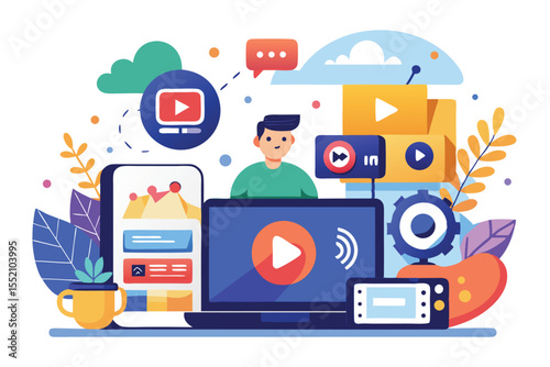 Creative design for video upload illustration on a streaming platform showcasing user interaction with various devices and media elements in a vibrant digital environment