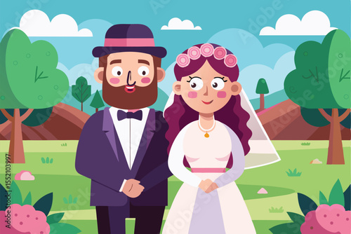 Jew and Jewess celebrate their wedding in traditional attire in a picturesque outdoor setting surrounded by nature, showcasing love and joy on their special day