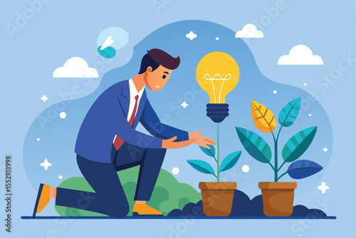 Businessman kneels to plant a seedling while visualizing growth in a bright setting, showing dedication to sustainability and innovation in greenery
