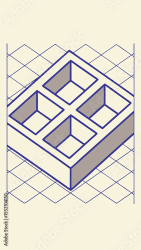 Isometric grid with cubical structure abstract design on a transparent background