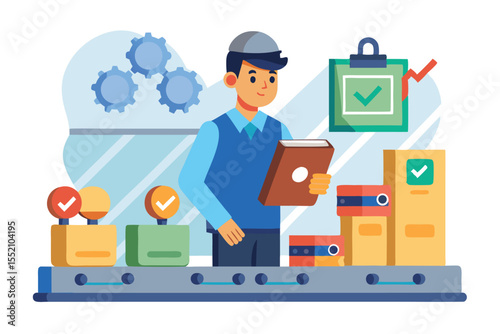 Flat illustration of quality control manager inspecting products in a quality assurance process in a modern manufacturing facility
